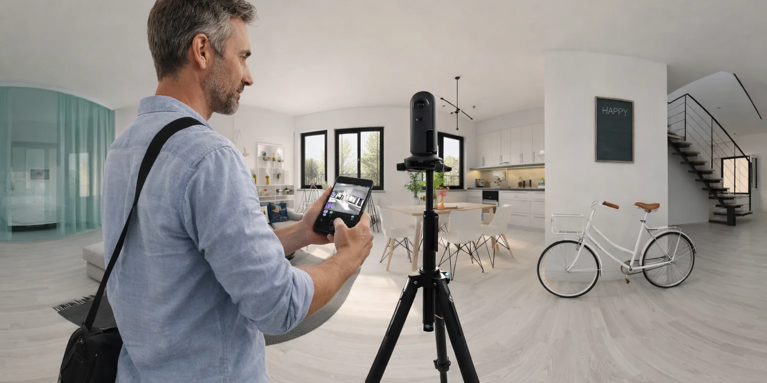 Real estate professional creating a 360 virtual tour to showcase interior spaces of a Kelowna home.