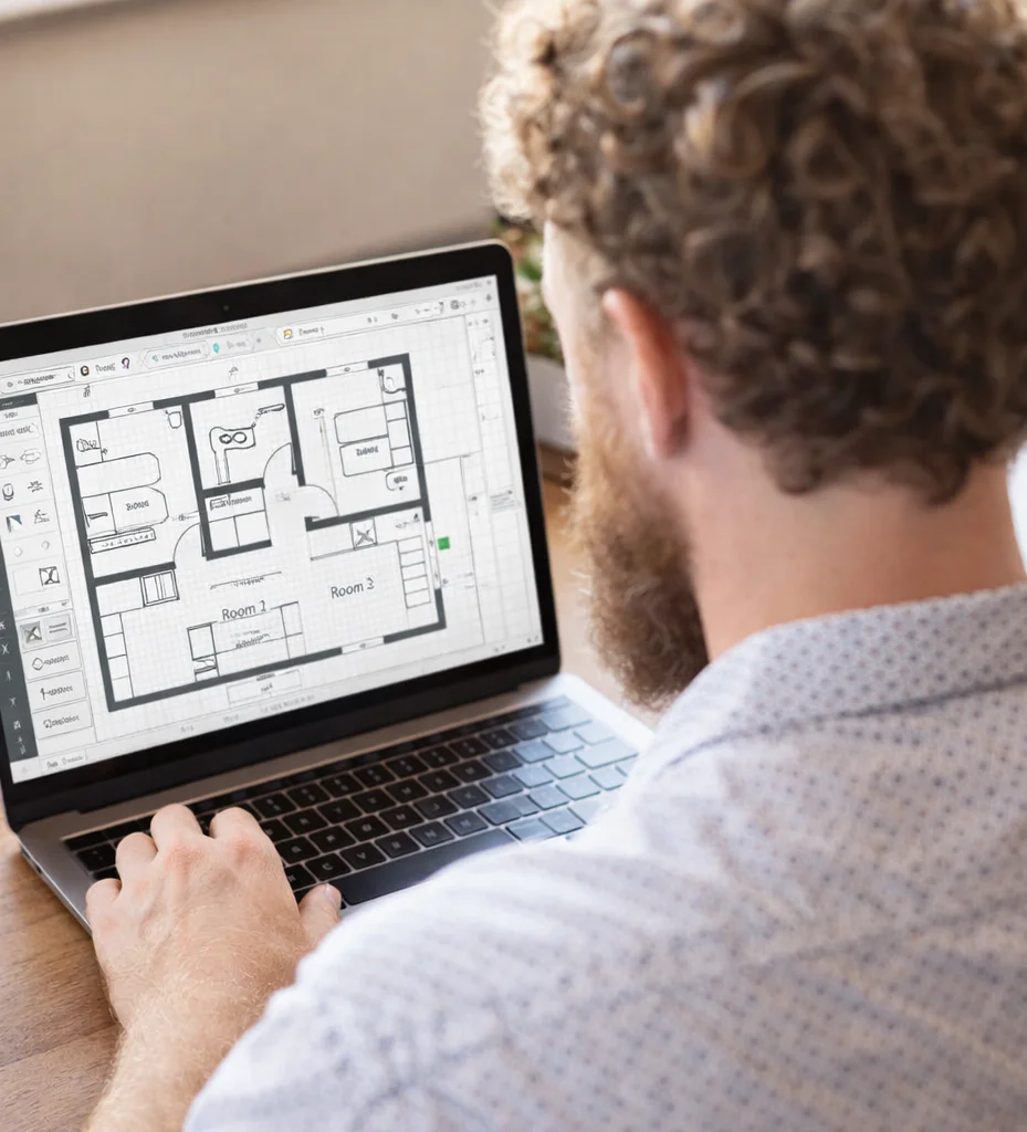 Laptop displaying a digital home floor plan used to present Kelowna real estate listings to buyers.