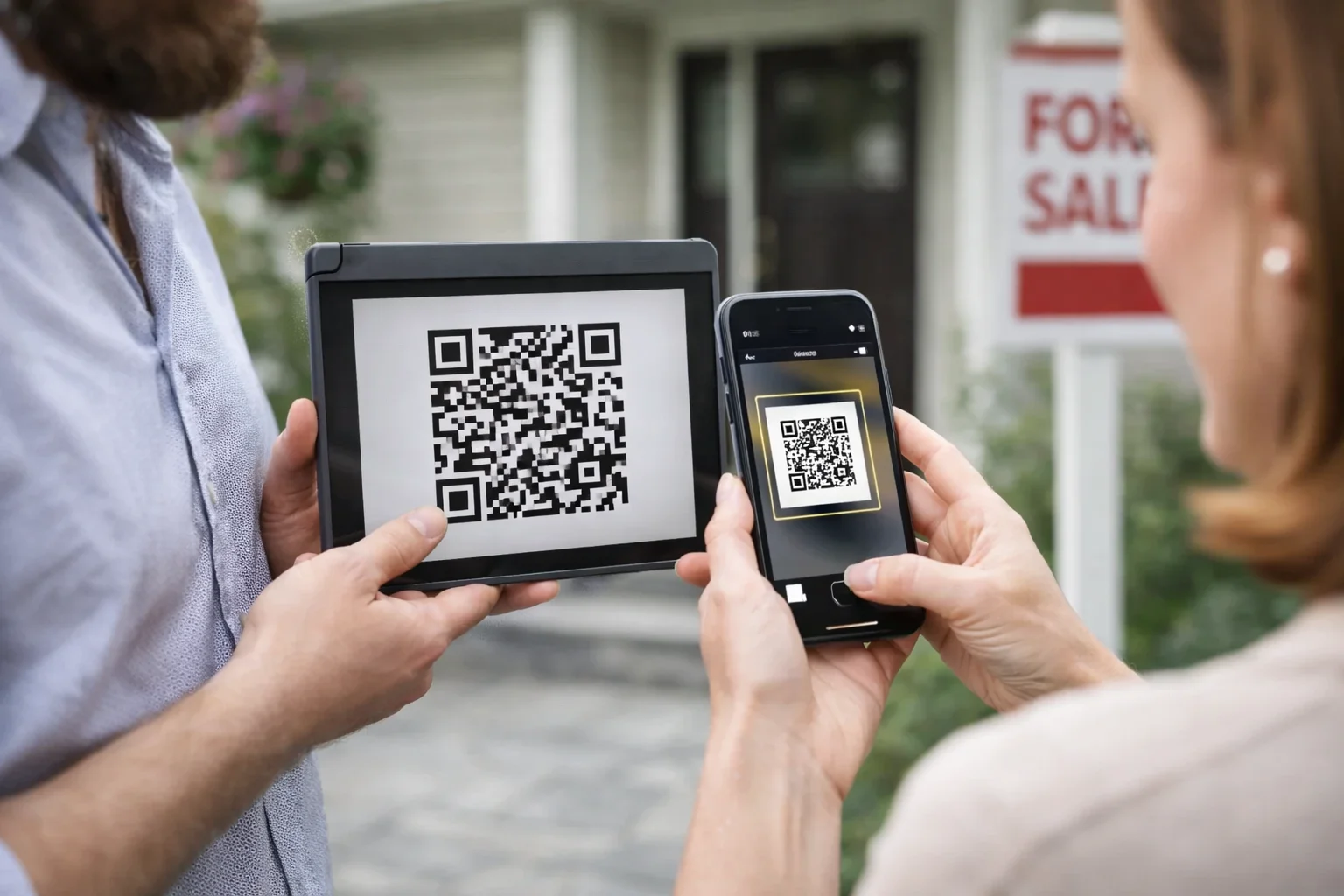 Mobile devices scanning a QR code used for quick access to Kelowna property listing information.